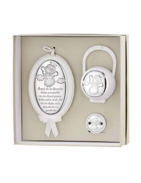 Set Infantil Portachupetes con pinza y Medallón de cuna Ángel de la Guarda Blanco - Eventi EV5104/02SB