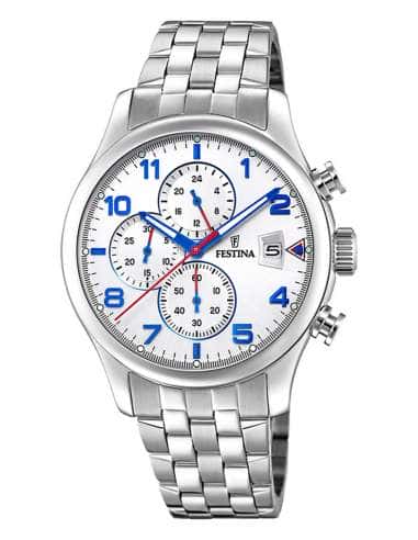 Reloj para Hombre Cronógrafo en Acero con Esfera Blanca y Detalles Azules - Festina F20374/4