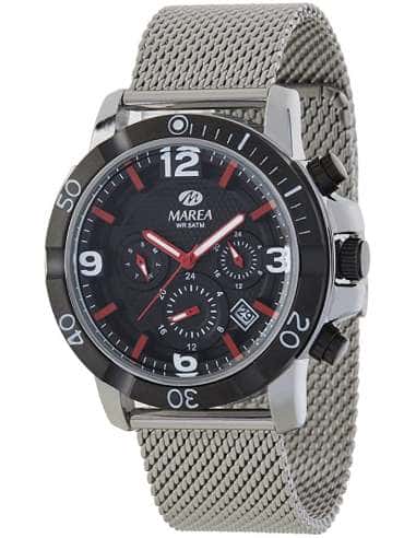 Reloj para Hombre Cronógrafo con Esfera Negra, Detalles Rojos y Correa de Malla de Acero - Marea B41208/1