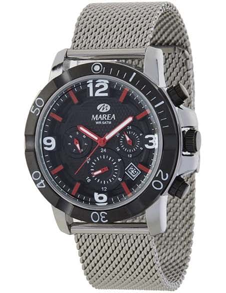 Reloj para Hombre Cronógrafo con Esfera Negra, Detalles Rojos y Correa de Malla de Acero - Marea B41208/1