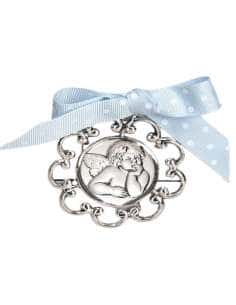 Medallón Infantil Cuna Ángel de la Guarda ,Lazo Azul ,7353-1C , Global Argenti