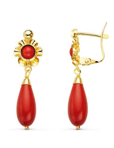 Pendiente para Mujer en Oro Andaluz de coral rojo  - Oro Amarillo 18K