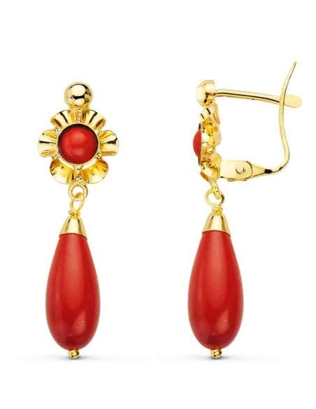 Pendiente para Mujer en Oro Andaluz de coral rojo  - Oro Amarillo 18K