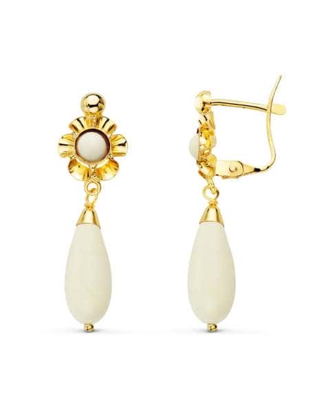 Pendientes Largo para Mujer en oro con Coral Blanco - Oro Amarillo 18K