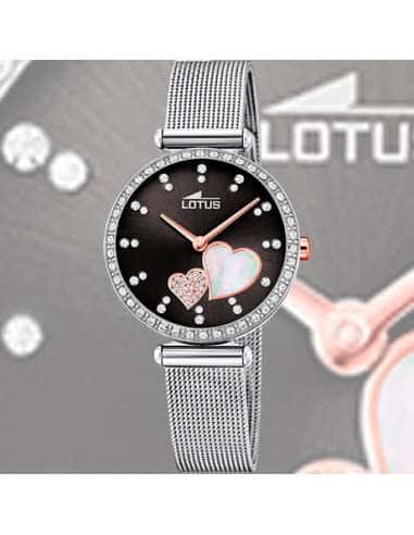 Reloj para Mujer Acero con Esfera Negra y Detalle de Corazones y Circonitas - Lotus 18616/4