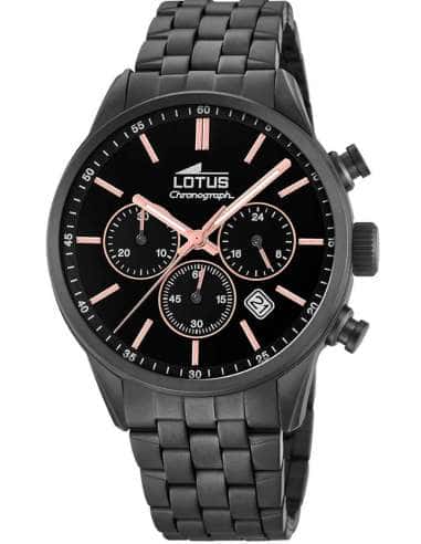 Reloj para Hombre Cronógrafo Negro con Detalles Rosados y Brazalete de Acero