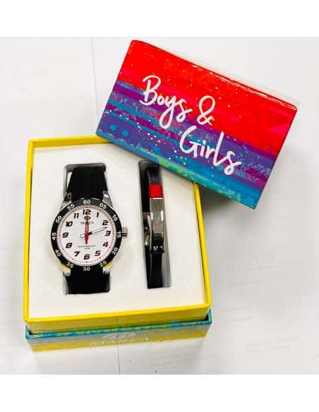 Pack Reloj y Complementos para niño esfera blanca e índices rojos con Pulsera Personalizable - Marea B35346/10
