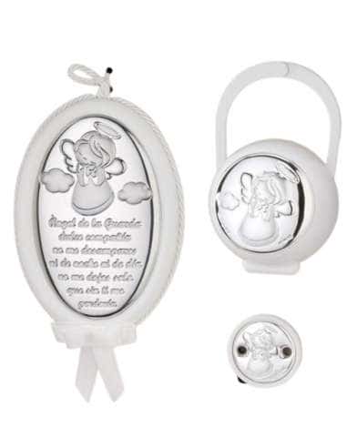 Set Infantil Portachupetes con pinza y Medallón de cuna Ángel de la Guarda Blanco - Eventi EV5104/02SB