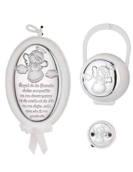 Set Infantil Portachupetes con pinza y Medallón de cuna Ángel de la Guarda Blanco - Eventi EV5104/02SB