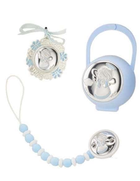 Set Infantil Portachupetes con Pinza mordedor y Medalla cuna Angel de la guarda - Eventi EV5106/06C