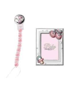 Set Infantil Pinza Mordedor Peucos y Marco de fotos Chupete con Peucos Rosa - Valenti 75096 RA