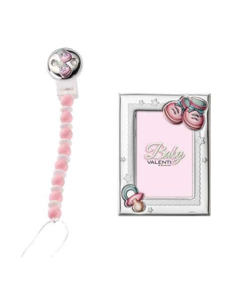 Set Infantil Pinza Mordedor Peucos y Marco de fotos Chupete con Peucos Rosa - Valenti 75096 RA