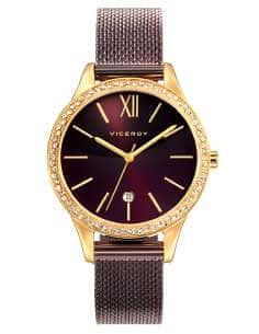 Reloj para Mujer con Correa de Malla Marrón y Esfera Burdeos con Circonitas - Viceroy 471100-43
