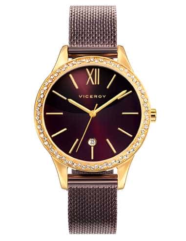Reloj para Mujer con Correa de Malla Marrón y Esfera Burdeos con Circonitas - Viceroy 471100-43