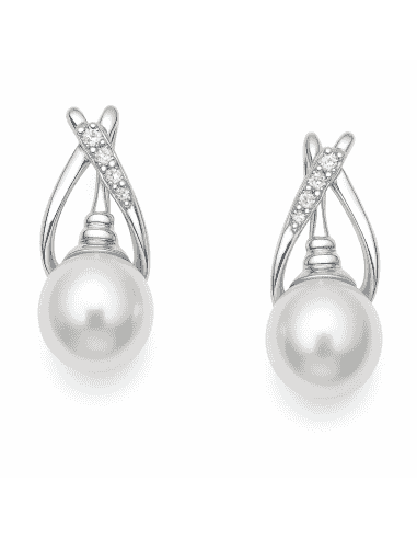 Pendientes para Mujer en oro Blanco con perla Redonda  y circonitas