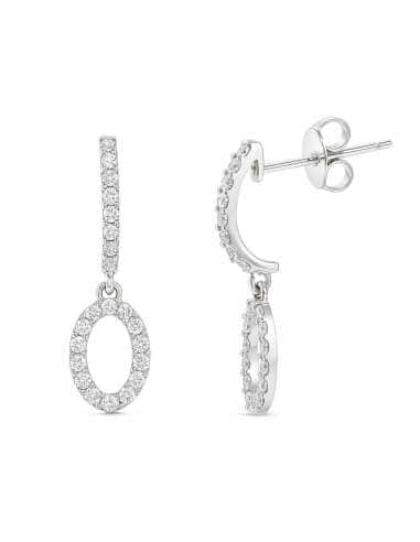 Pendientes largo para Niña en Oro de Blanco Tira y colgante en forma Oval con Circonitas - Oro Blanco 18K