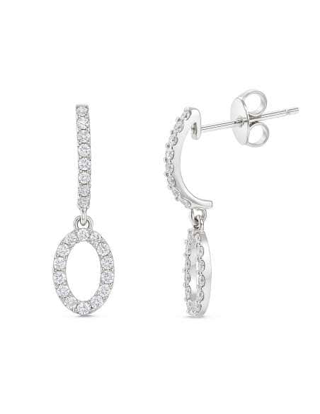 Pendientes largo para Niña en Oro de Blanco Tira y colgante en forma Oval con Circonitas - Oro Blanco 18K