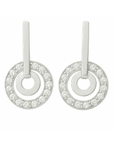 Pendientes para Mujer en Oro blanco tira plana y doble colgante redondo uno liso y el otro con circonitas - Oro Blanco 18K