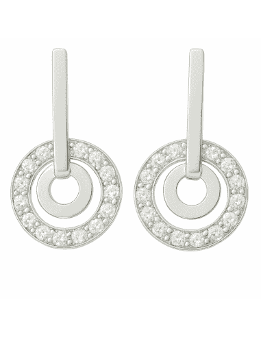 Pendientes para Mujer en Oro blanco tira plana y doble colgante redondo uno liso y el otro con circonitas - Oro Blanco 18K