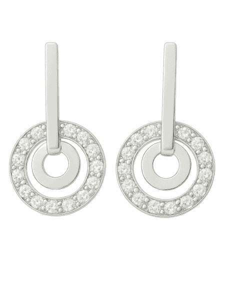 Pendientes para Mujer en Oro blanco tira plana y doble colgante redondo uno liso y el otro con circonitas - Oro Blanco 18K