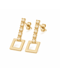 Pendientes para Mujer en Oro con Tira de 5 Circonitas y Colgante Cuadrado Calado  - Oro Amarillo 18k