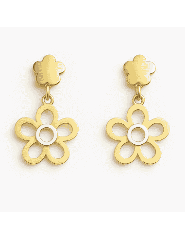 Pendientes para Mujer Oro Bicolor  con motivo Flor Lisa y colgante de  Flor calada - Oro Amarillo y Blanco 18K