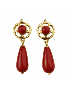 Pendiente para Mujer de oro Arquillo de coral con lágrima - Oro amarillo 18K