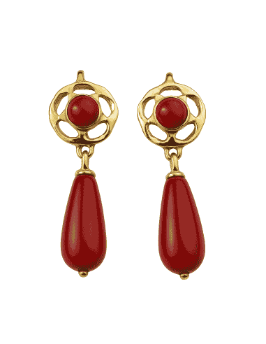 Pendiente para Mujer de oro Arquillo de coral con lágrima - Oro amarillo 18K