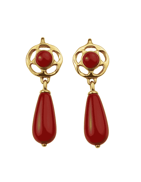 Pendiente para Mujer de oro Arquillo de coral con lágrima - Oro amarillo 18K