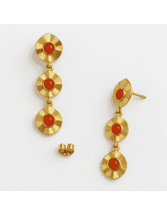 Pendientes Largos para Mujer en Oro  con 3 motivos redondos con coral - Oro Amarillo 18K