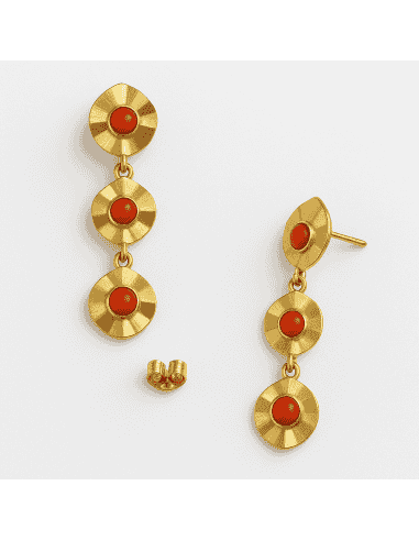 Pendientes Largos para Mujer en Oro  con 3 motivos redondos con coral - Oro Amarillo 18K