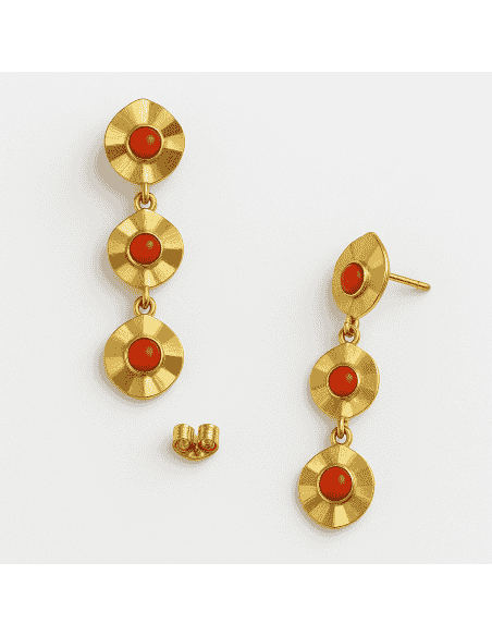 Pendientes Largos para Mujer en Oro  con 3 motivos redondos con coral - Oro Amarillo 18K