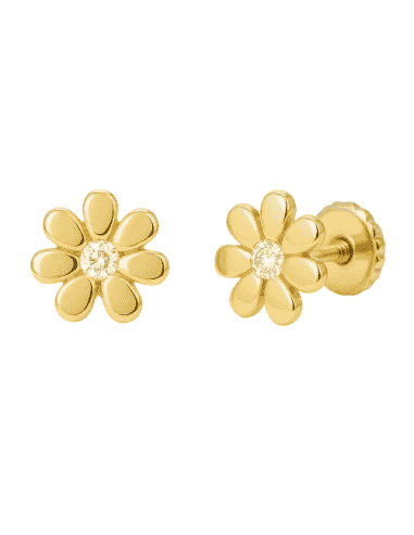 Pendientes para Niña en Oro Flor con circonita central - Oro Amarillo 18K