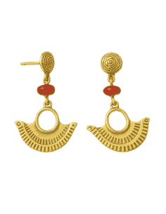 Pendiente para Mujer de Oro con Diseño Inca y Coral Rojo - Oro Amarillo 18K