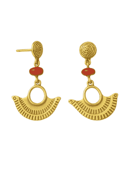 Pendiente para Mujer de Oro con Diseño Inca y Coral Rojo - Oro Amarillo 18K