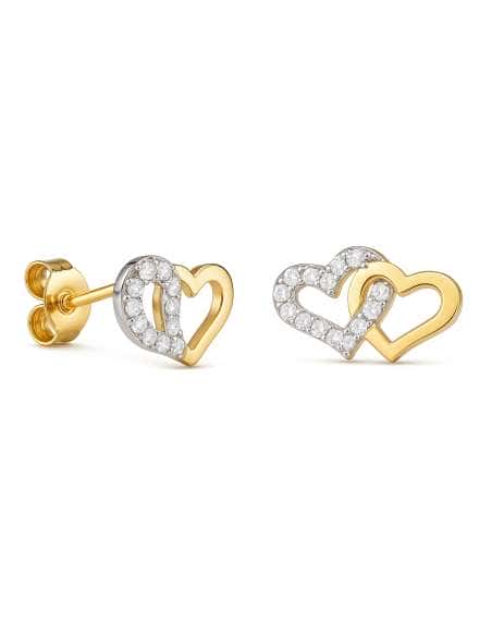 Pendientes para Mujer en Oro Bicolor Corazones entrelados con circonitas - Oro Blanco y Amarillo 18K