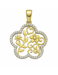 Colgante en Oro bicolor de 18K con Diseño Floral Calado y Circonitas - Oro Amarillo y Blanco 18K