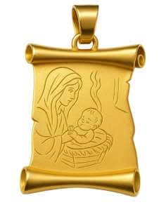 Colgante en oro en Forma de Pergamino con Grabado de la Virgen y el Niño - Oro Amarillo 18K