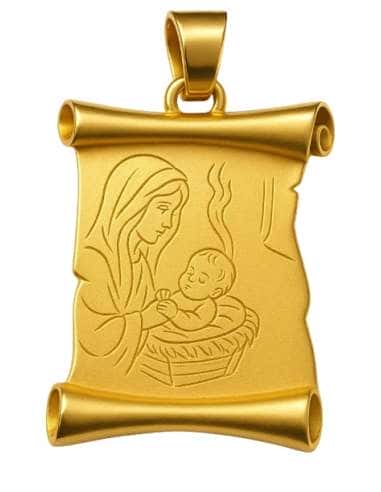 Colgante en oro en Forma de Pergamino con Grabado de la Virgen y el Niño - Oro Amarillo 18K