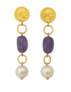 Pendientes para Mujer largos en Oro con una Moneda con Piedra Amatista y Perla - Oro Amarillo 18K