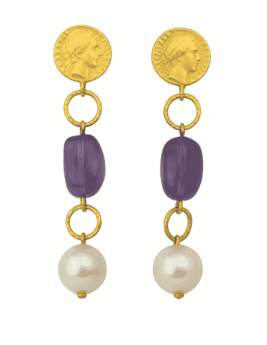 Pendientes para Mujer largos en Oro con una Moneda con Piedra Amatista y Perla - Oro Amarillo 18K