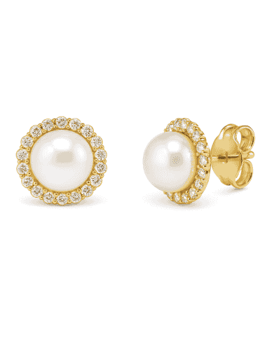 Pendientes para Niña en oro con Bisel de circonitas con Media Perla central - Oro Amarillo 18K