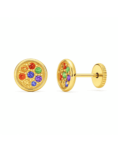 Pendientes para Niña en Oro Redondos con Circonitas de Colores - Oro Amarillo 18K