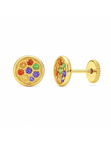 Pendientes para Niña en Oro Redondos con Circonitas de Colores - Oro Amarillo 18K