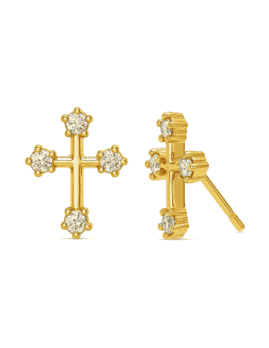 Pendientes para Niña en oro en forma de Cruz con 4 circonitas - Oro Amarillo 18K
