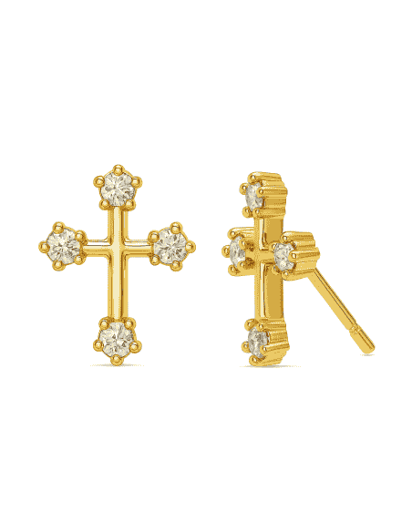 Pendientes para Niña en oro en forma de Cruz con 4 circonitas - Oro Amarillo 18K