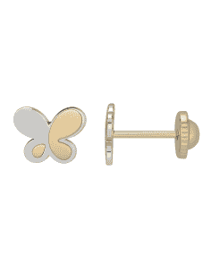 Pendientes para Niña en Oro Bicolor con forma de Mariposa - Oro Amarillo y Blanco 18K
