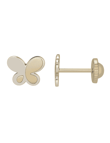 Pendientes para Niña en Oro Bicolor con forma de Mariposa - Oro Amarillo y Blanco 18K