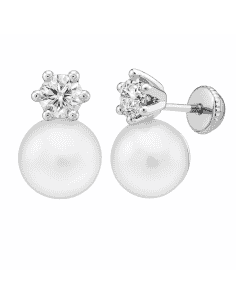 Pendientes para Niña de Oro Blanco Perla y circonita - Oro Blanco 18K