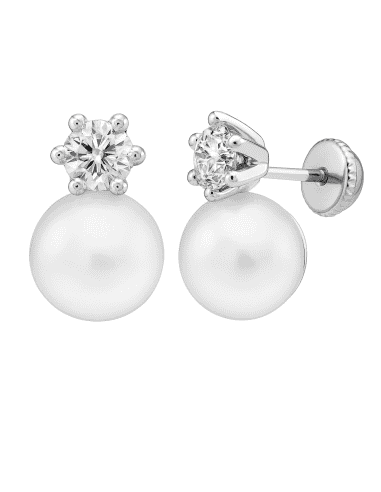Pendientes para Niña de Oro Blanco Perla y circonita - Oro Blanco 18K